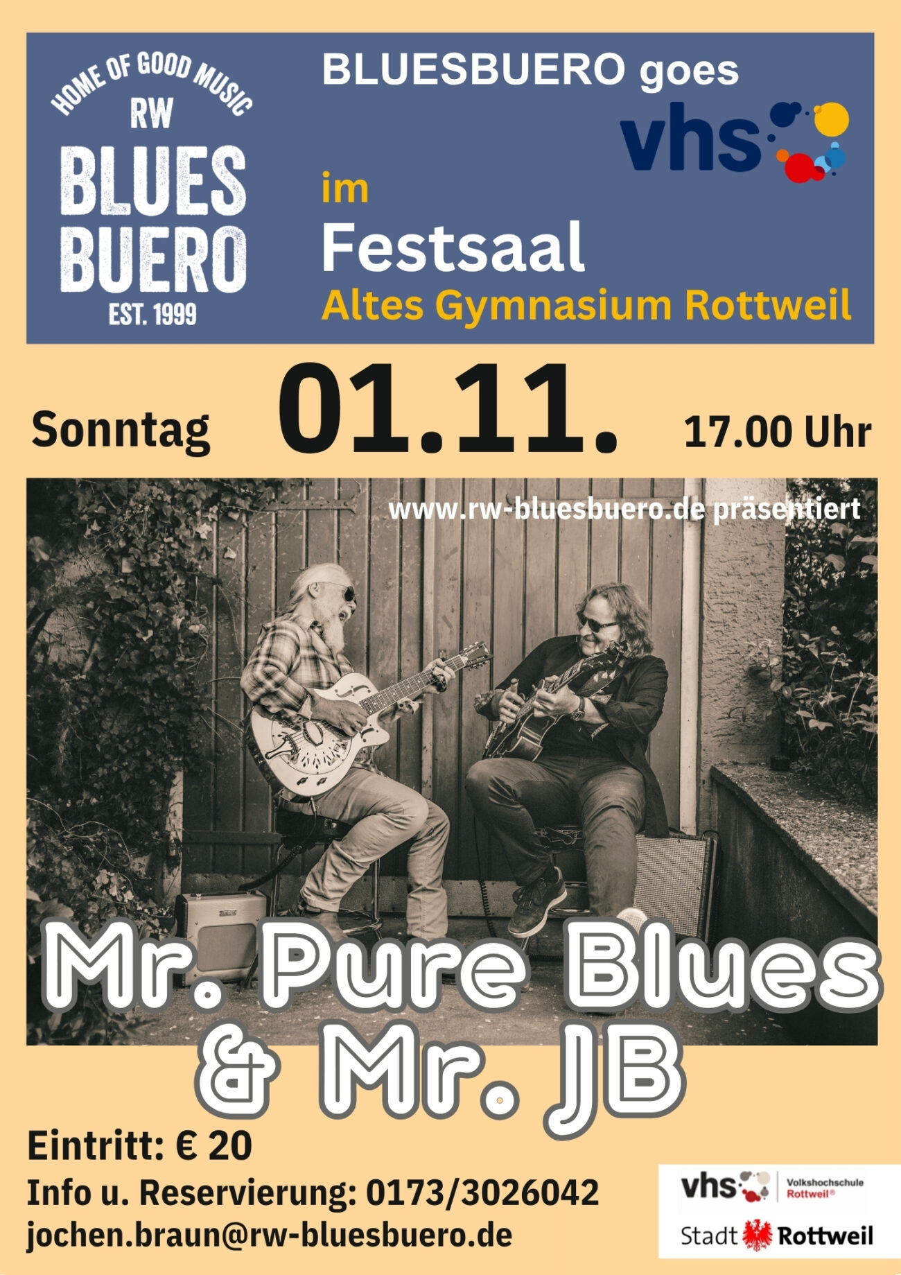 „Mr. Pure Blues & Mr. JB“ – Deutsch-Schweizer Roots Duo am 1.November um 17 Uhr im Festsaal Altes Gymnasium, Rottweil